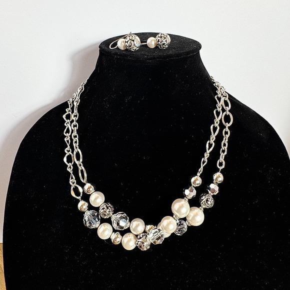 Brighton Pearl Crystal Bead Necklace Earrings Set Silver Tone, Elegant Statement - Picture 3 of 8